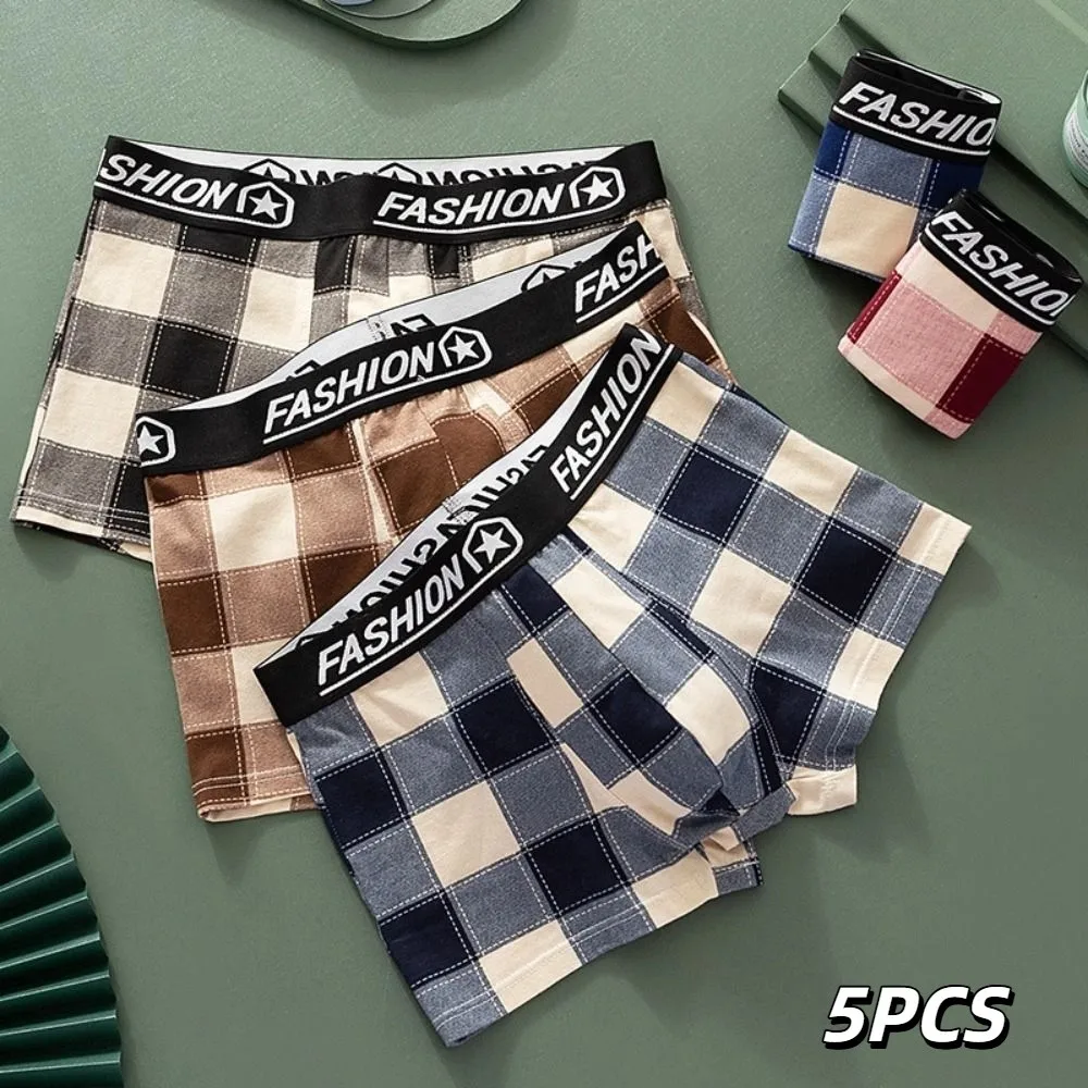 

5PCS Breathable Striped Grid Men Underwear Letter Mid-Waist Boxer Shorts Plaid Elastic Seamless Panties Male