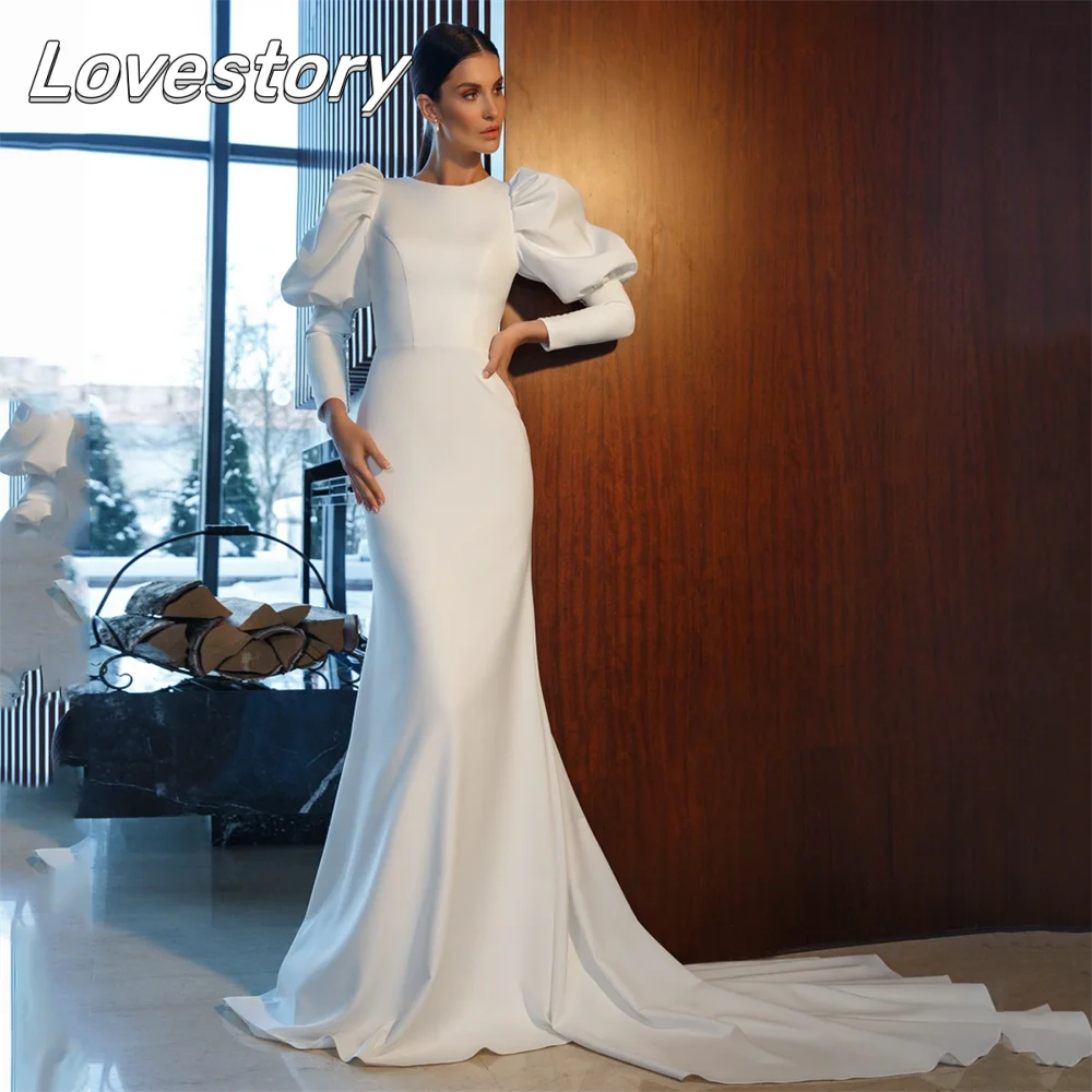 

Charming Mermaid Wedding Dresses O-Neck Long Puff Sleeves Bridal Gowns Cut-Out Bride Robes Backless Buttons Vestidos De Novia