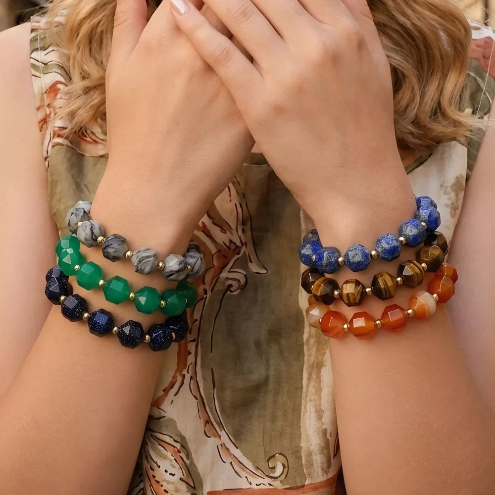 Faceted Natural Stone Beaded Bracelet for Women Multicolor Gemstone Stackable Bracelet Boho Healing Energy Wrist Decor Jewelry G