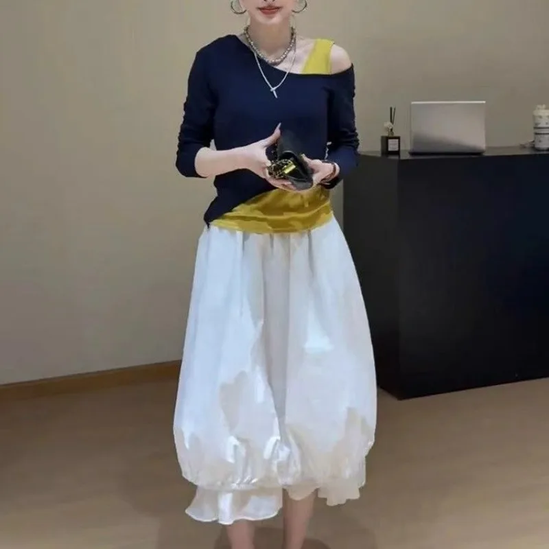 Temperament Versatile Simple Casual Fluffy Bud Medium Long Women's 2025 Spring New Loose Splicing Fashion Chic Skirt