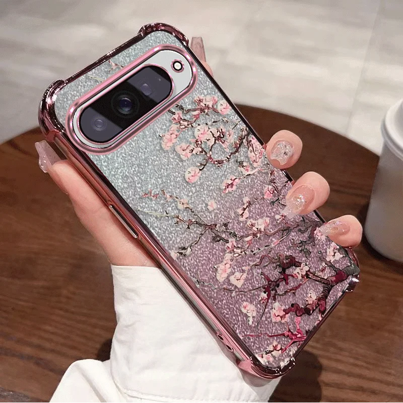 Glitter Plating Protective Cover For Google Pixel 11 Pro XL Case TPU Four-corner Shockproof Flower Pattern Fundas