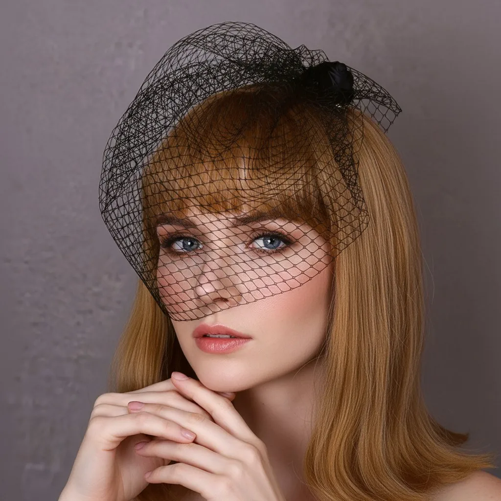 Vintage Birdcage Face Veil with Fabric Rose Hair Clip Fascinator Bridal Wedding Party Accessories for Bride Black White GA02