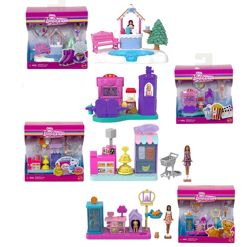 Mini casa de muñecas Barbieland auténtica, hamburguesa, tienda de mascotas, juego de patinaje, muebles de Barbie, accesorios, juguete para niñas, escena de supermercado