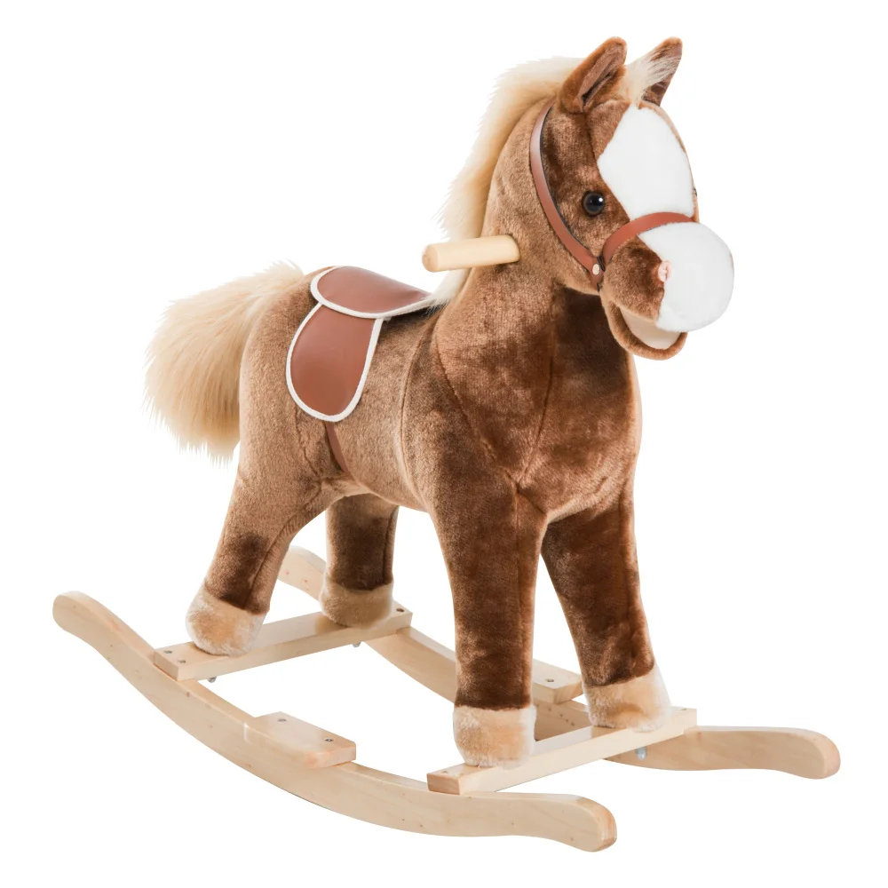 Kids Rocking Horse, Plush Toddler Rocker, Wooden Base Ride-On Toy with Handle Grip, Traditional Toy for Kids 36M+, Brown