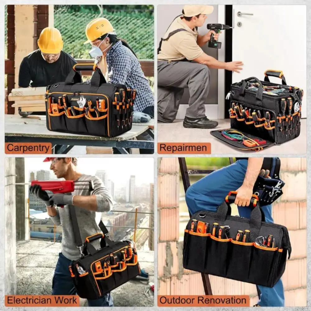 

Сумка для инструментов электрика с 46 карманами, большая вместимость, 17 дюймов, прочная конструкция, регулируемый ремень