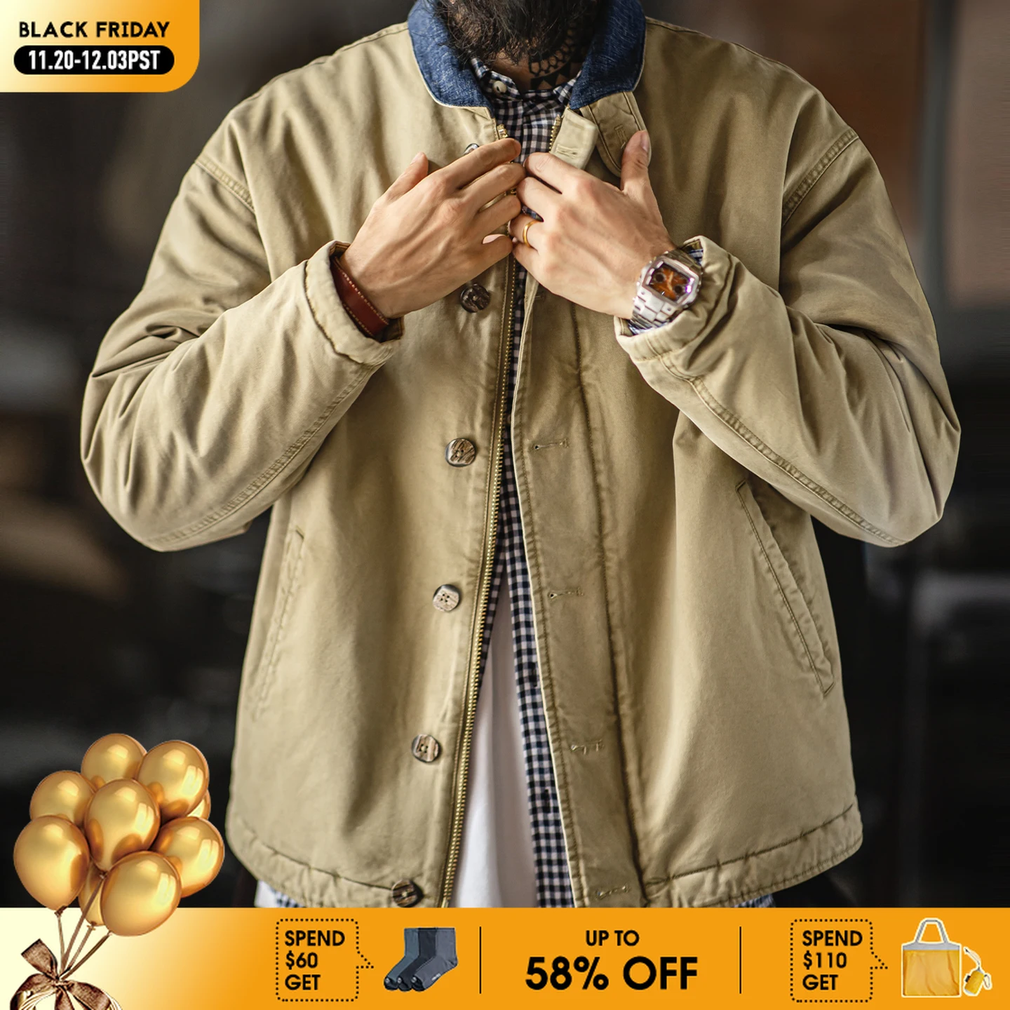 

Maden Men's Vintage N-1 Deck Jacket Heavyweight Cotton Filled Short Coat Stand Collar Warm Windbreaker