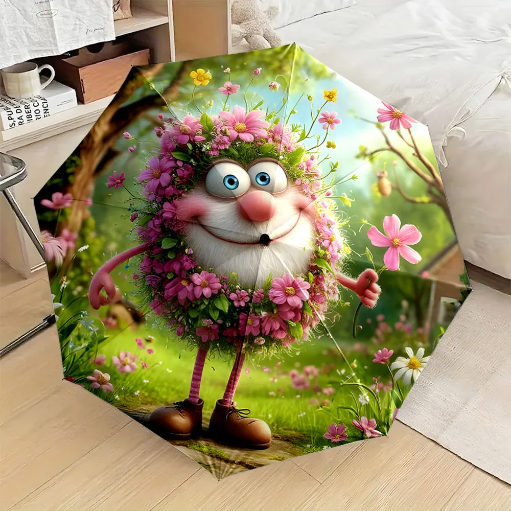 1PC Cartoon Character with Floral Design Umbrella Print 8 Iron Ribs Folding Umbrella Auto-Open Fashion Sunshade