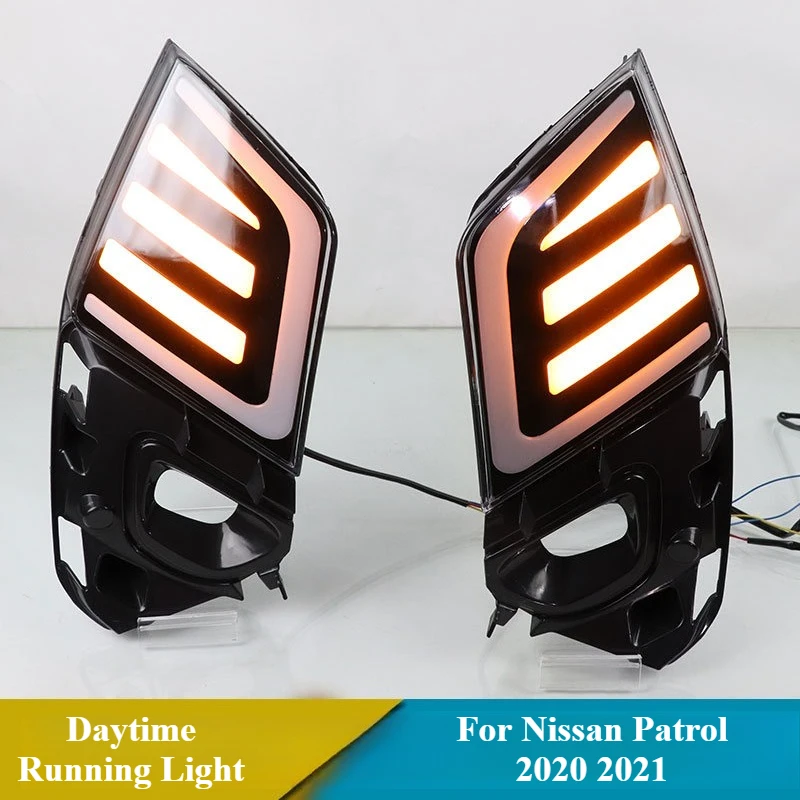 

2Pc LED Daylights For Nissan Patrol 2020 2021 Car Led Daytime Running Light DRL Yellow Dynamic Turn Signal Front Bumper Fog Lamp