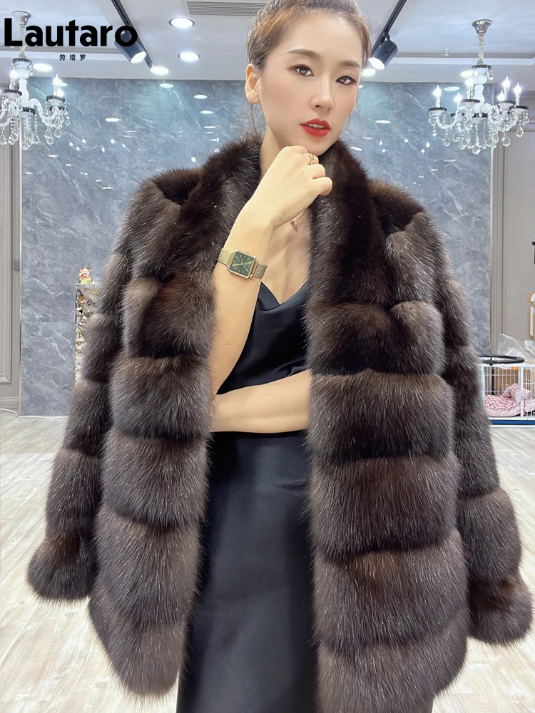 Lautaro Autumn Winter Elegant Luxury Chic Thick Warm Striped Hairy Faux Sable Fur Coat Women V Neck High Quality Fluffy Jacket