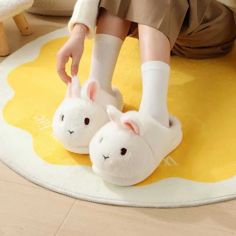 SHAJI Cute Bunny Rabbit Fluffy Plush Slippers For Women Men Autumn Winter Non-Slip EVA Sole Indoor Warm Home Shoes