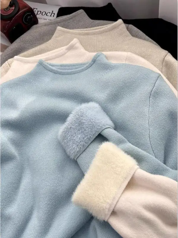 

Japanese Style Thickened Plush Knitted Simple Neckline Women's Sweater Autumn Winter Warm Base Shirt Long Sleeve Regular Length
