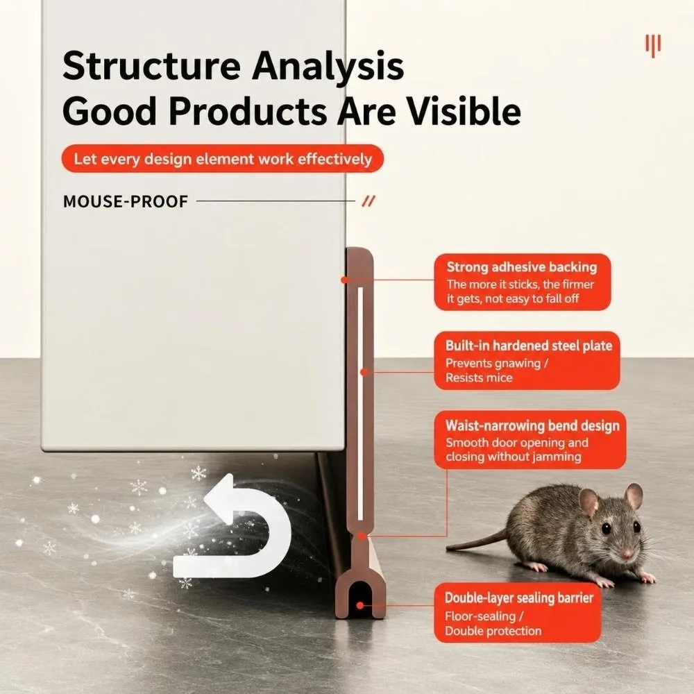 Built In Steel Insert Door Bottom Seal Strip Self Adhesive Free Cutting Mouse Proof Door Seal Flexible TPE