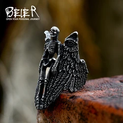 BEIER fashionable stainless steel Fallen angel Skull Rings Ancient black unique Feather Jewelry BR8-1068