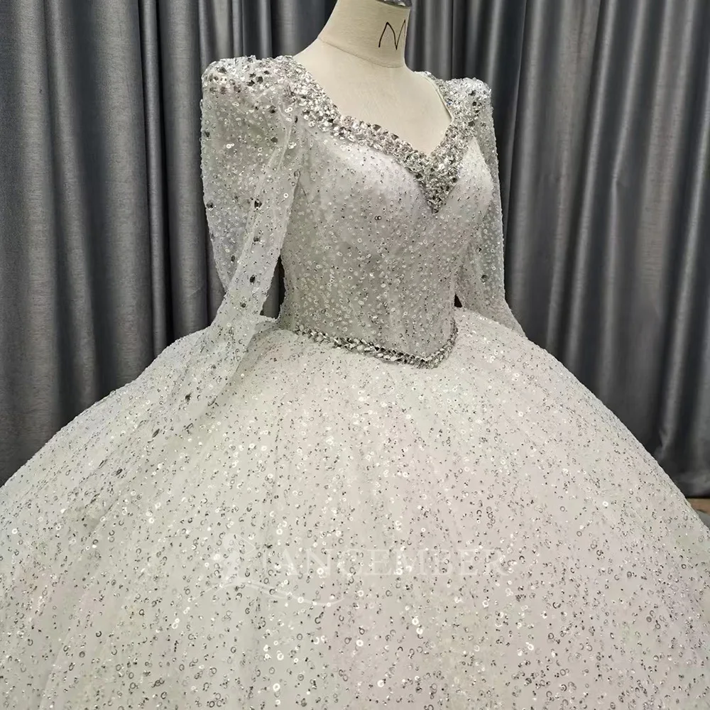Abito da sposa abito da ballo con perline abito da ballo maniche lunghe scollo rotondo abito da sposa all'ingrosso in fabbrica Vestido De Novia personalizzato