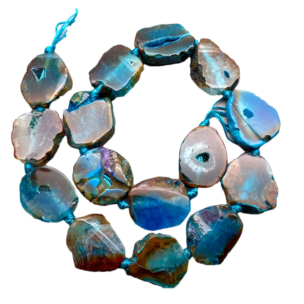 2 Strands Smooth Blue Agate Cluster Geode Nugget Slice Focal Beads 16