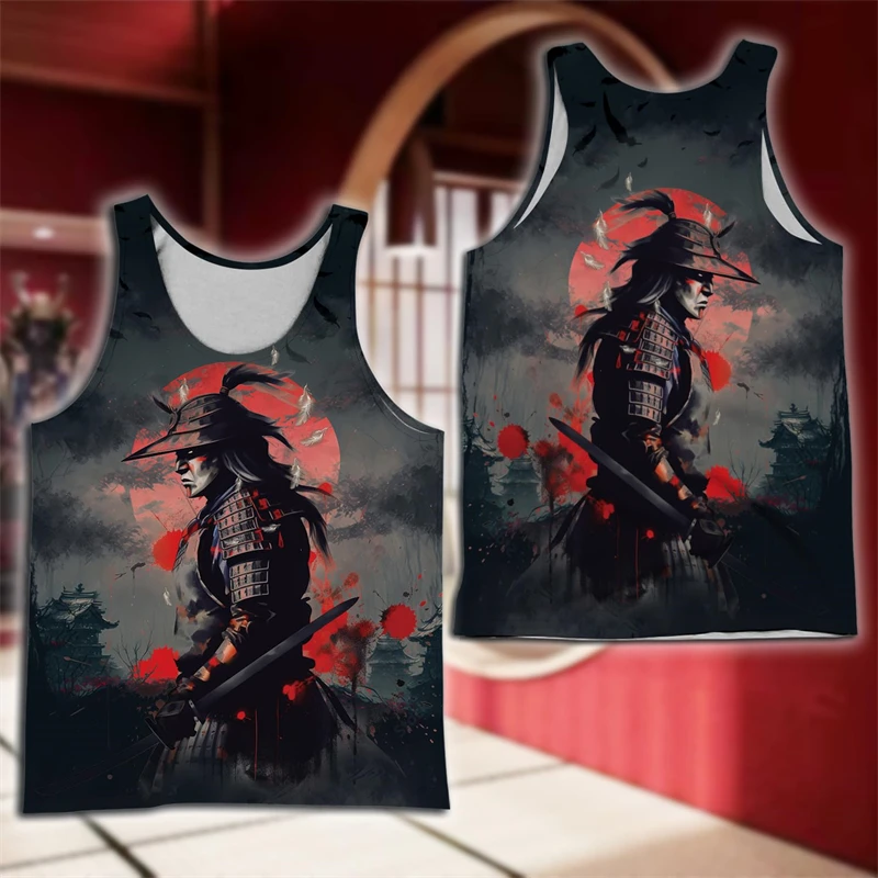 Japan Samurai Oni Mask Tattoo Graphic Tank Top For Men Harajuku Swordsman Undershirt Warrior Waistcoat Knight Sleeveless Tops