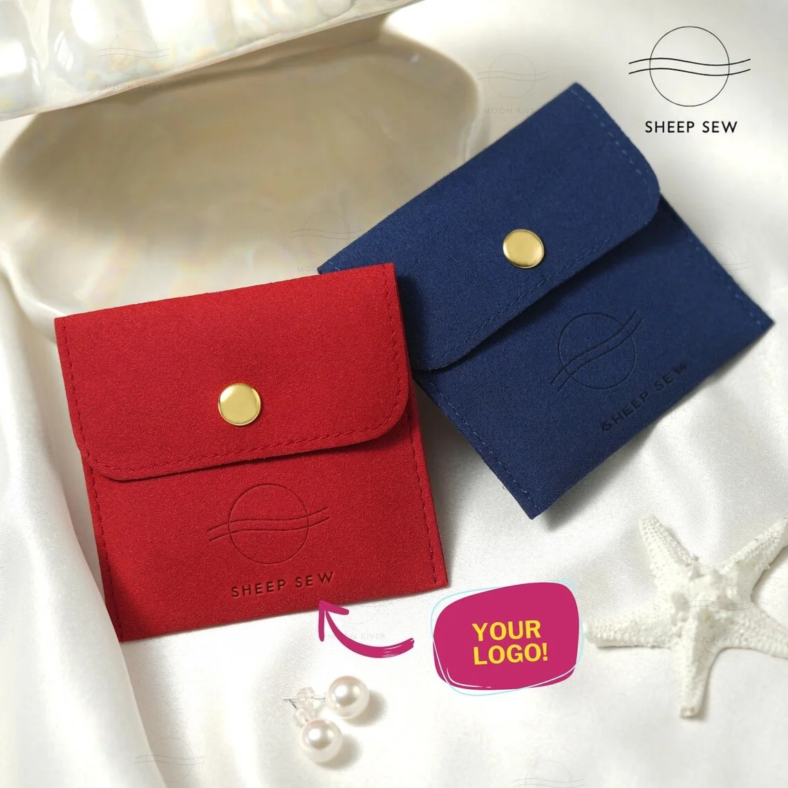 

20 Customize Logo Red Microfiber Button Bag Necklace Bracelet Ring Perfume Eyelashes Packaging Snap Bags Jewelry Gift Dust Pouch