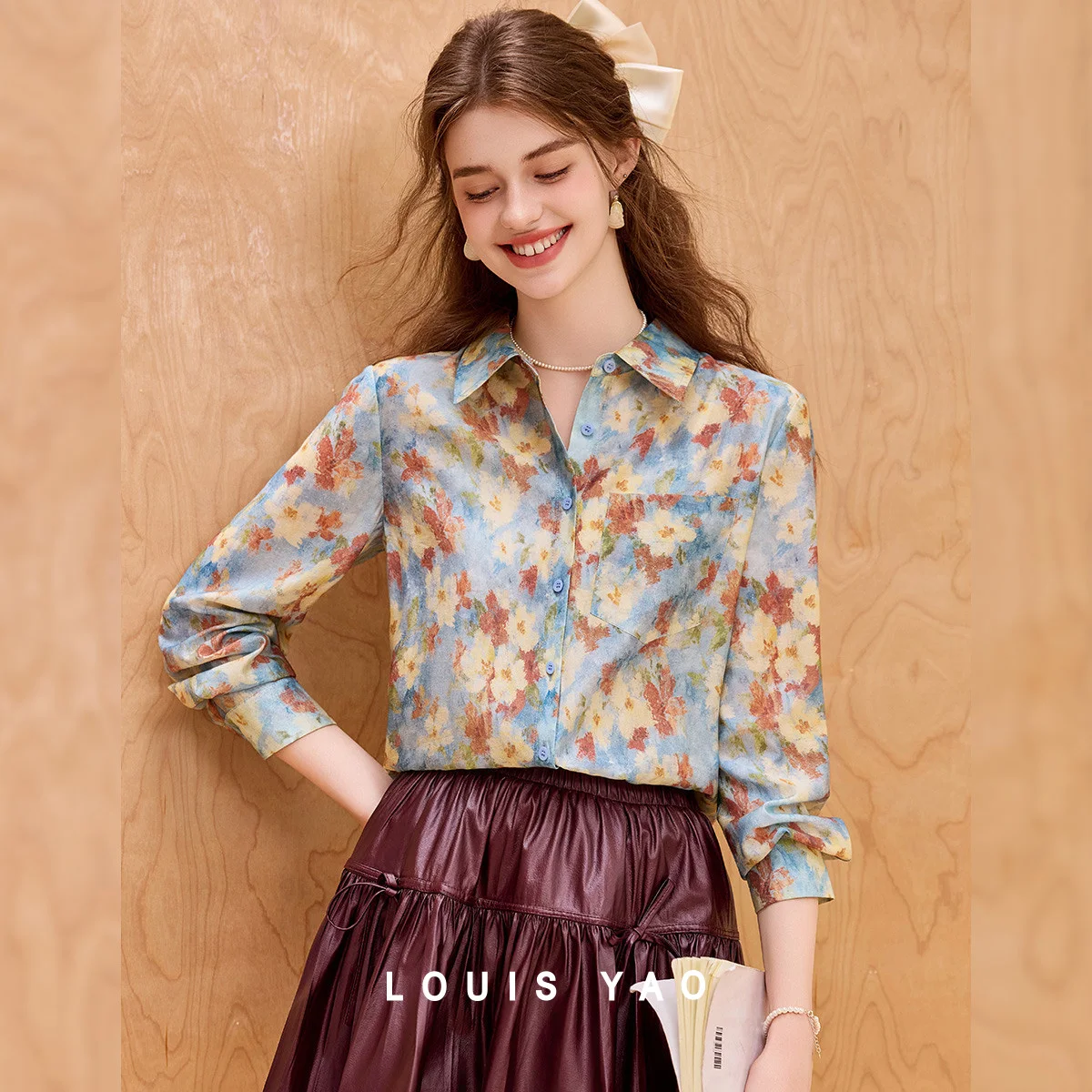 LOUIS YAO Retro Printed Pattern Long-Sleeve Shirt Blouses 2025 Autumn Loose-Fit Collared Women's Shirt Versatile Women Top