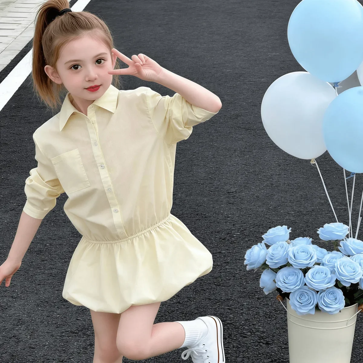 

Girls Long Sleeve Shirt Dress 2026 New Spring Autumn Casual Summer Flower Bud Skirt Children's Fashion Dress Little Girl Dress