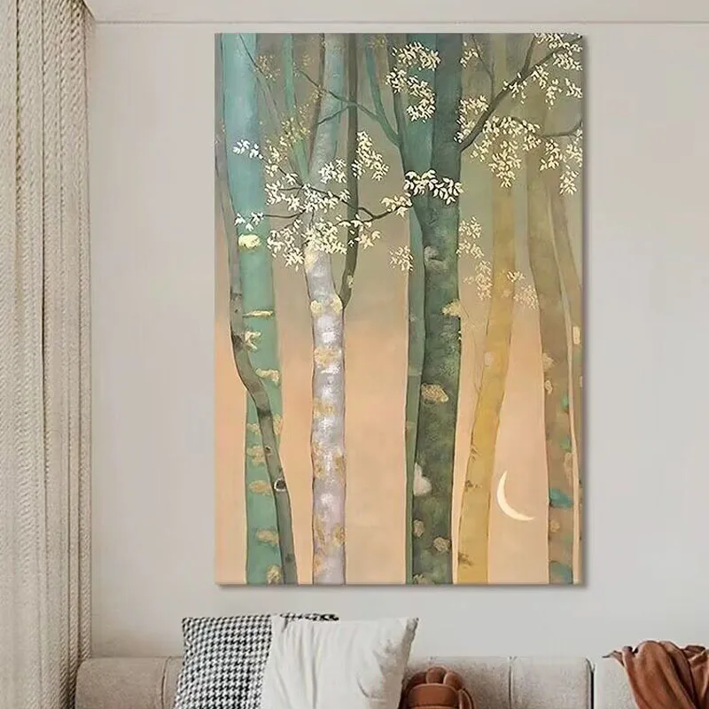 

Vintage Birch Tree Pure Hand Painted Oil Painting Middle Ancient Style Abstract Plant Forest For Home Decoration Bedroom Dining