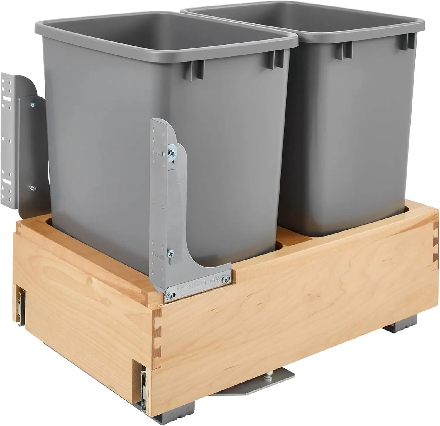 35 Quart Pull Out Under Cabinet Trash Can with Soft Open & Close Slide System, Metallic Silver, Maple Wood Bottom 4WCBM-18DM-2