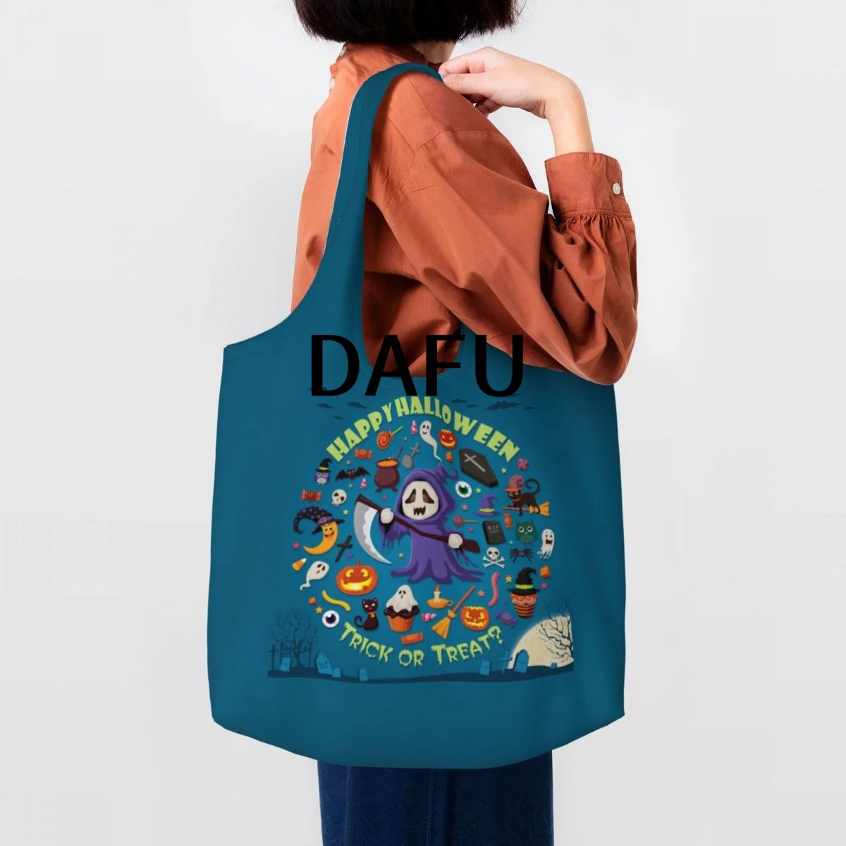 Happy Halloween Funny Halloween Print Cotton Tote Bag - Casual Commuter Shoulder Bag for Work Grocery Shopping Trick or Treat