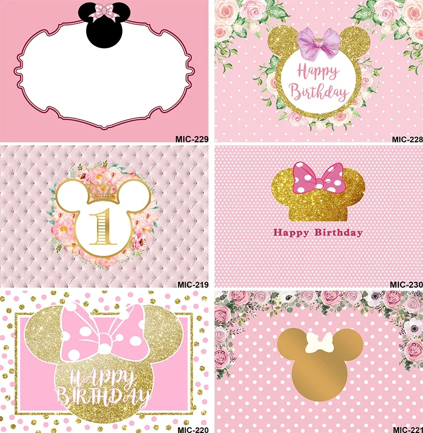 

Minnie Mouse Pink Golden Party Backdrops Girls Photography Background Children Banner Baby Shower Birthday Decoration Props