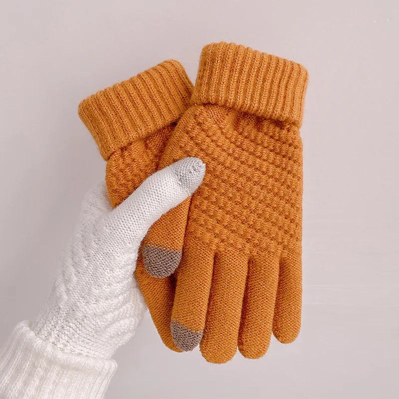 Winter Students Knitted Warm Gloves with Yarn Thick and Flannel Anti Cold Cycling Jacquard Finger Gloves Touch Screen for Female
