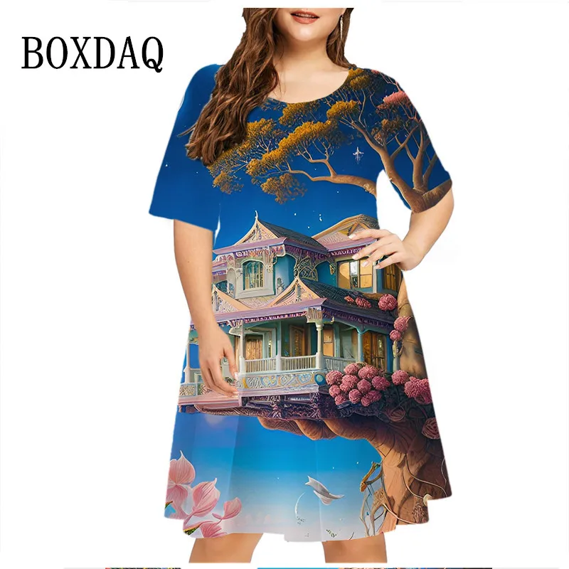 Fantasy World 3D Architecture Print Dresses For Women 2023 Fashion Elegant Ladies Summer Plus Size Dresses Short Sleeve Clothing