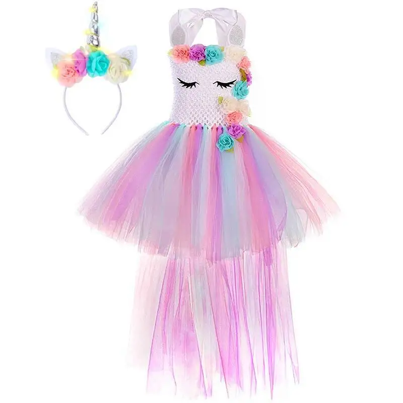 Pastel Flower Unicorn Costume for Girls Long Trailing Tutu Dress Kids Birthday Christmas Halloween Outfit with Horns & Wings