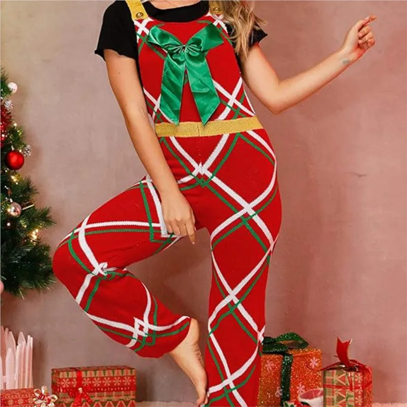 Salopette à Bavette de Noël à Rayures pour Femme, Combinaison Extensible, Pantalon avec Poches, Streetwear à la Mode