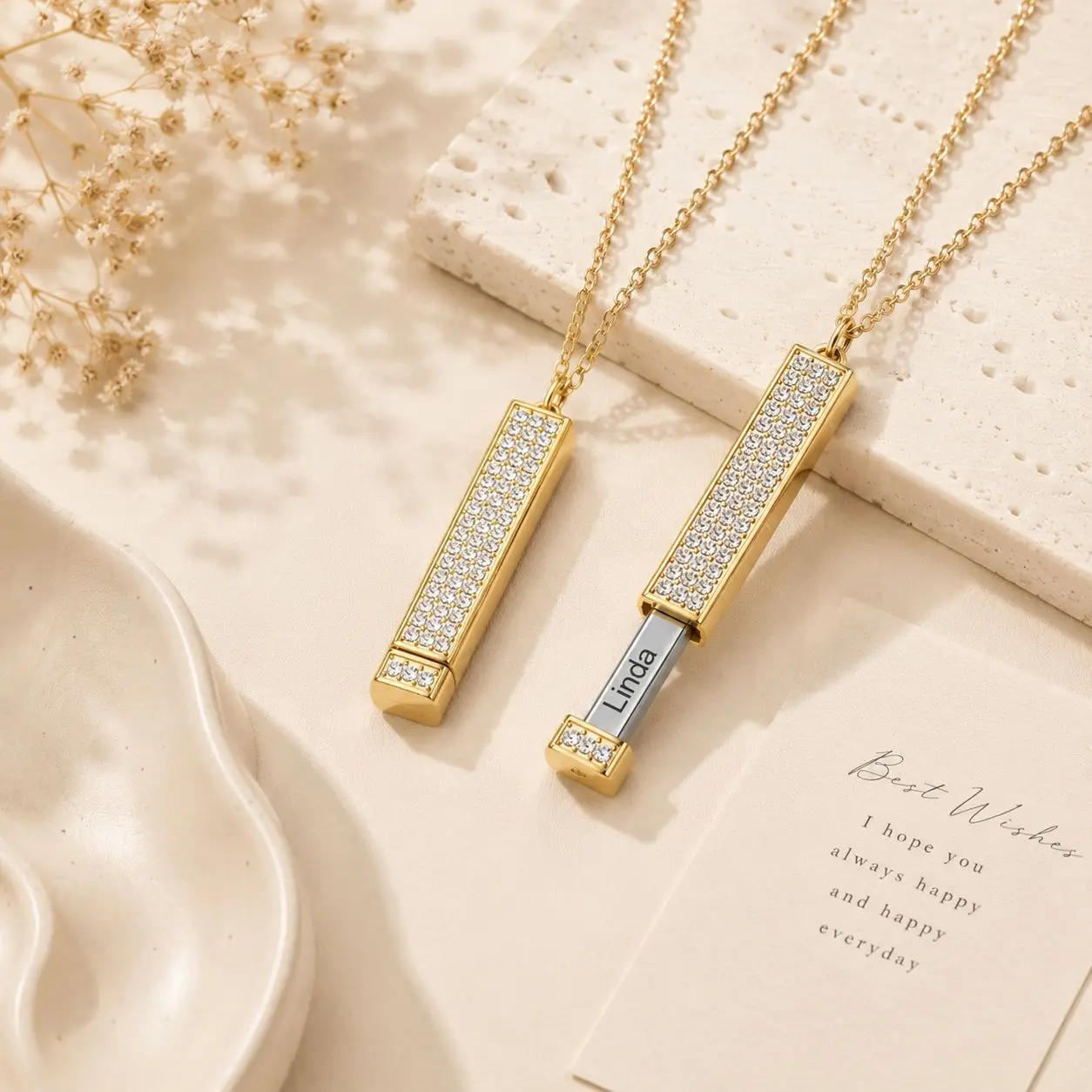 Luxuryized Hidden Message Pull Out Square Bar Necklace Paved Cz Stainless Steel Dainty Chain Available In Steel Rose Gold Gold