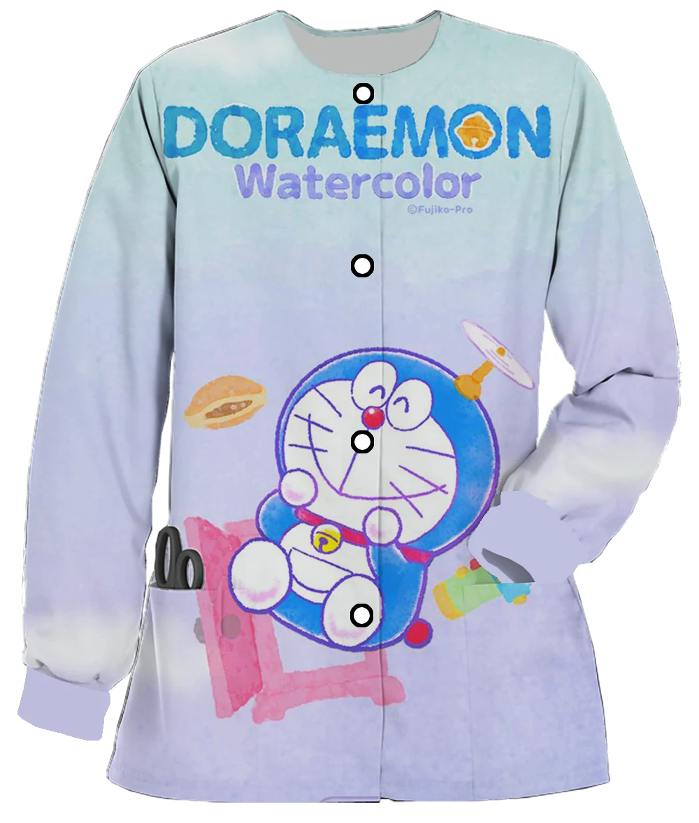 New Ladies Spring and Autumn Anime Cartoon Print Doraemon Ms. Long -sleeved round neck pocket cardigan pet shop work uniform