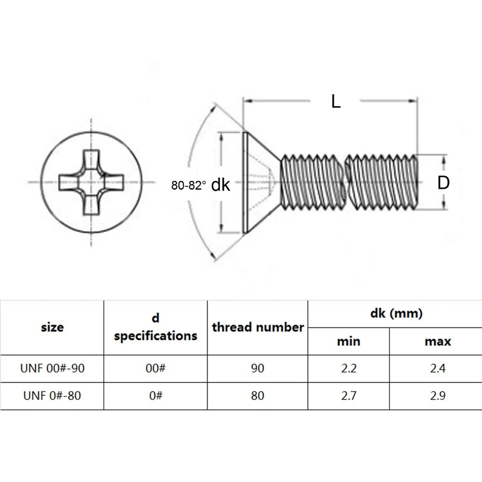 50pcs UNF 00#-90 0#-80 Length 2 to 12 US Fine Thread 304 A2-70 Stainless Steel Cross Recess Phillips Flat Countersunk Head Screw