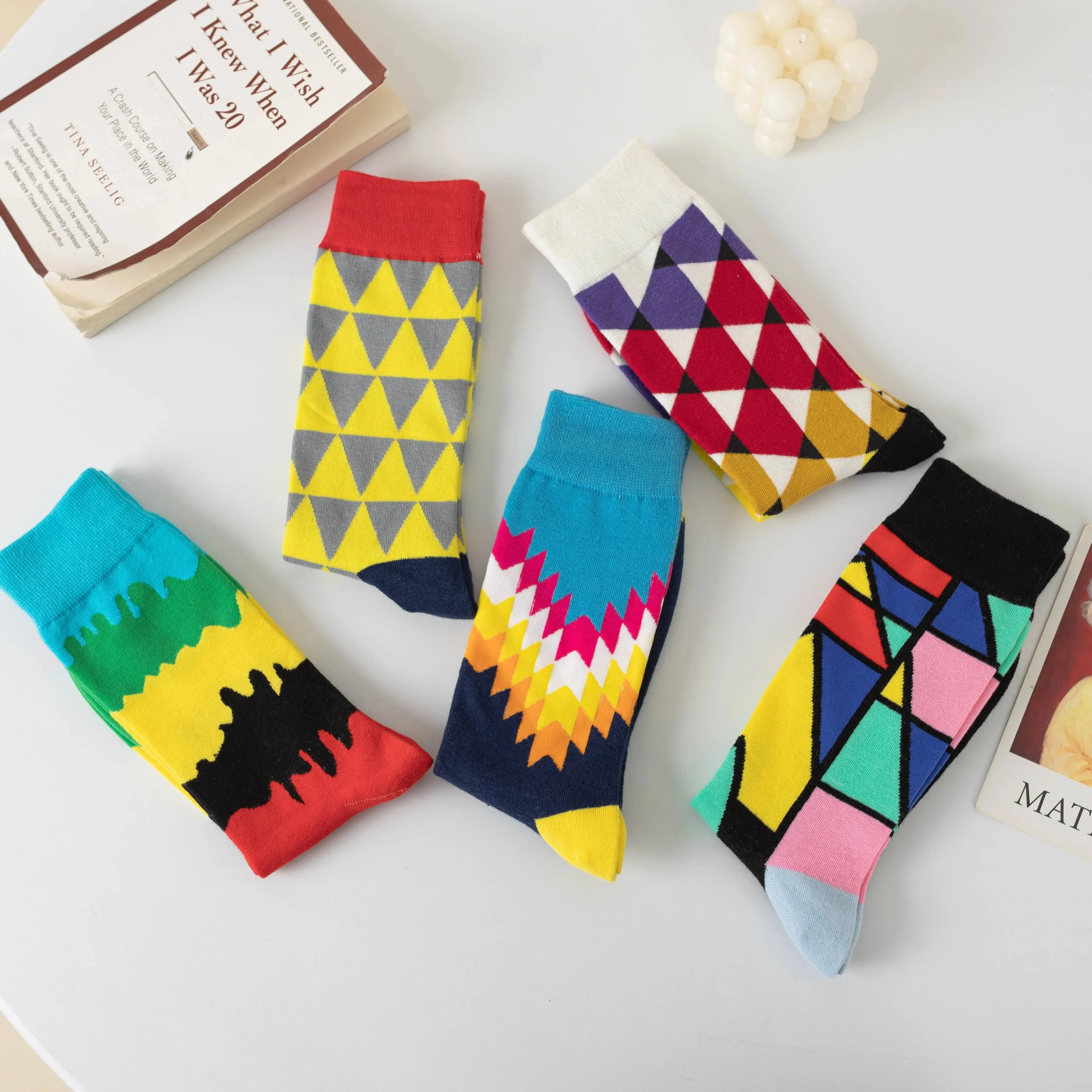 5 Pairs New Men and Women Couple Socks Geometric Color Triangle Plaid Stripe Contrast Color Fashion Trend Harajuku Style Tube So