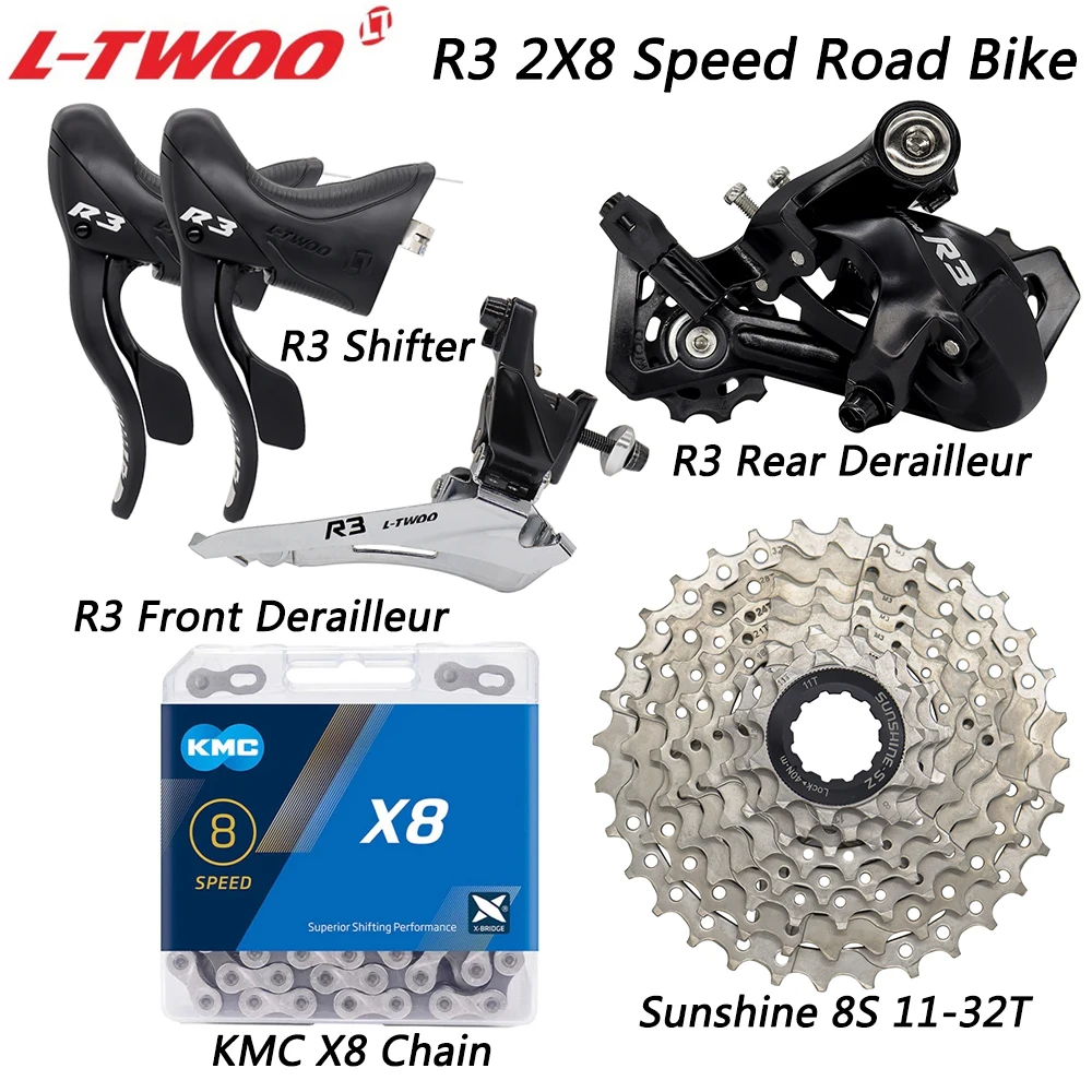 

LTWOO R3 2x8 Speed Road Bike Kits Shifter Front Rear Derailleur KMC X8 Chain Sunshine 8S 25T/28T/32T Cassette Bicycle Parts