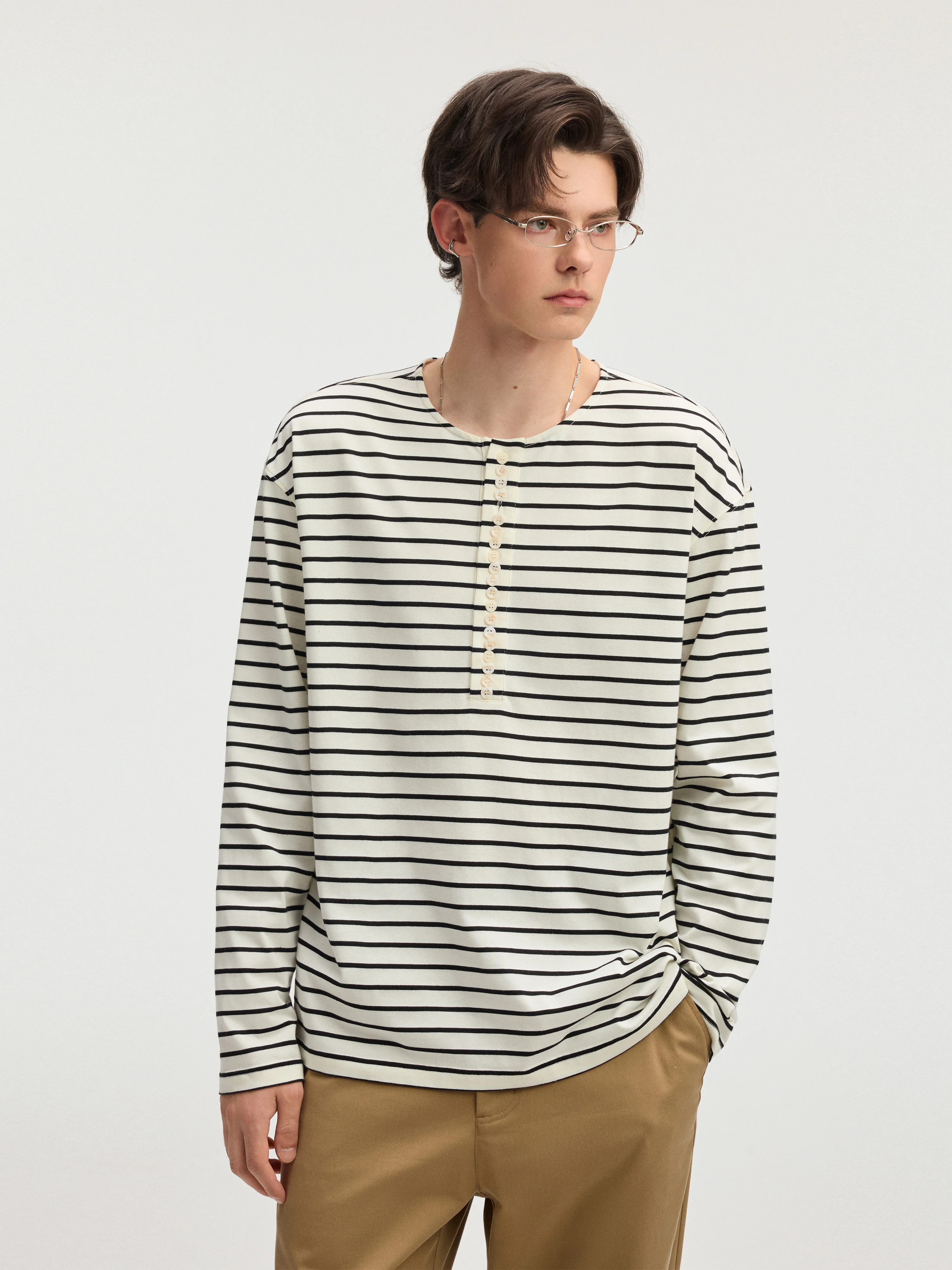 Lilbetter Men's Knitted Long Sleeve T-shirt round Neck Striped Base Layer Shirt Fashionable Urban Style Loose Fit Autumn Wear