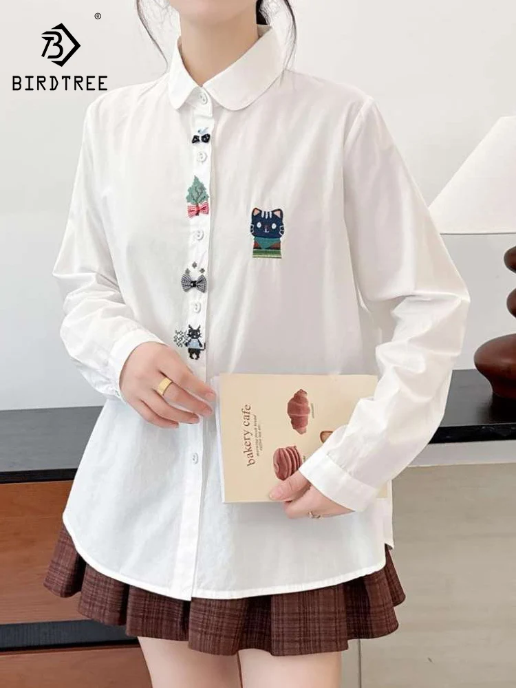 

Новинка 2026, весенняя хлопковая рубашка с длинными рукавами, женская рубашка с отложным воротником и вышивкой кота, свободная блузка в консервативном стиле Mori Girl T5D018CC