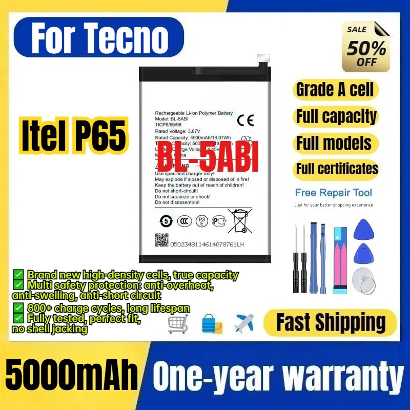 BL-5ABI for Tecno Itel P65 Phone Battery 0 Cycle High Quality High Capacity Battery Replacement Bateria Grade A Cell with Tools