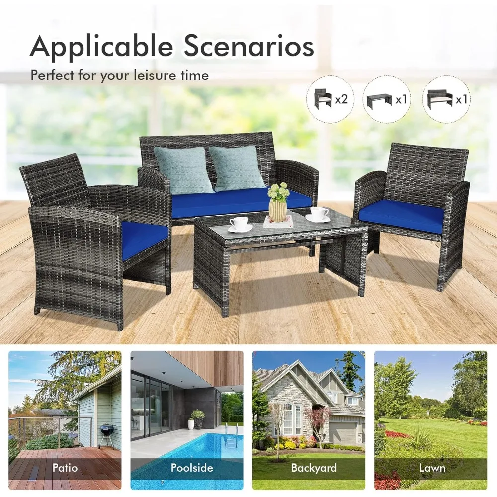 طقم أثاث فناء خارجي مكون من 4 قطع مع وسائد مقاومة للطقس وطاولة من الزجاج المقسى #3