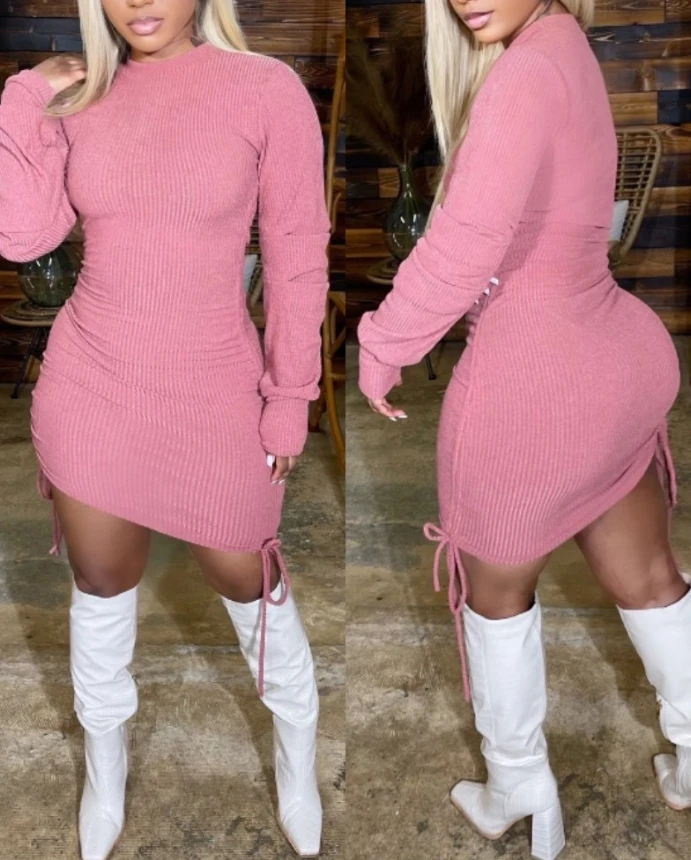 

Sexy Elegant Round Neck Long Sleeve Bodycon Dress Drawsting Slim Fit Casual Mini Dress 2025 Autumn Winter Spring New Fashion