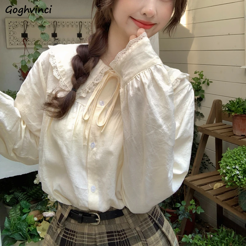 Lace-up Design Shirt Women Cute Sweet Girls Casual Popular Peter Pan Collar All-match Japanese Style Aesthetic Spring Classic