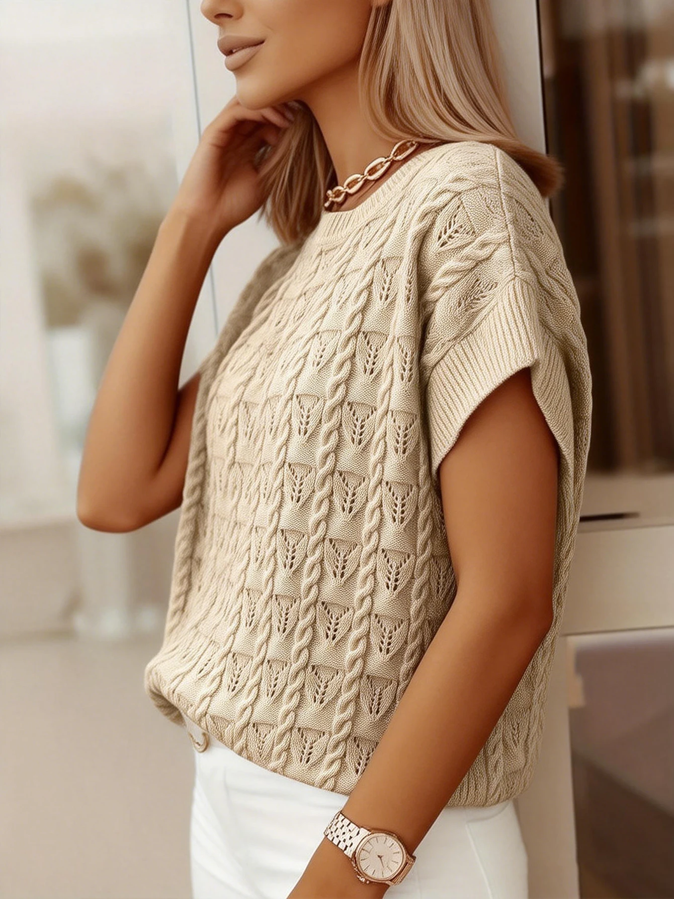 New Autumn/Spring/Summer Women's Pullover Sweater, Apricot-Colored Fitted Round Neck Knit Top, Casual yet Elegant, Versatile for
