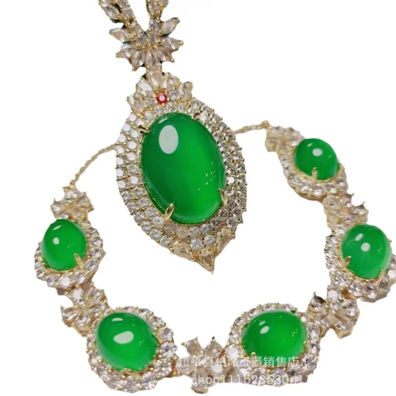 High Quality Jadeite Jade Silver-Plated Zircon Full Inlaid Emerald Green Chalcedony Pendant-Shaped Surface A view 5