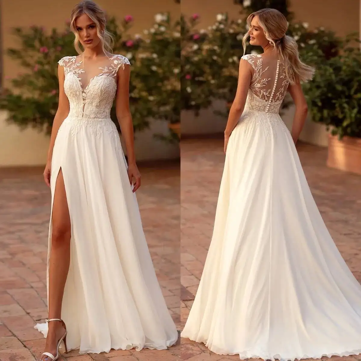 

Boho Classic Lace Dresses Bridal Gowns Sheer Scoop Cap Shoulder Wedding Dress Button Back Thigh Split Chiffon Robe De Mariee