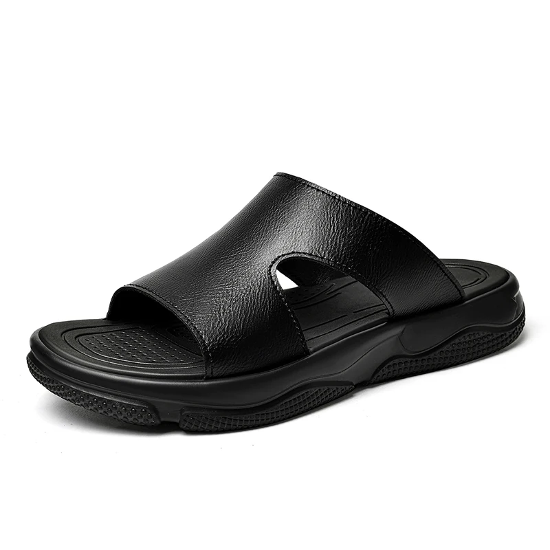 Men's Leather Slide Sandals Non-slip Thick Sole Casual Slippers Summer Outdoor Beach Shoes Breathable Lightweight Footwear