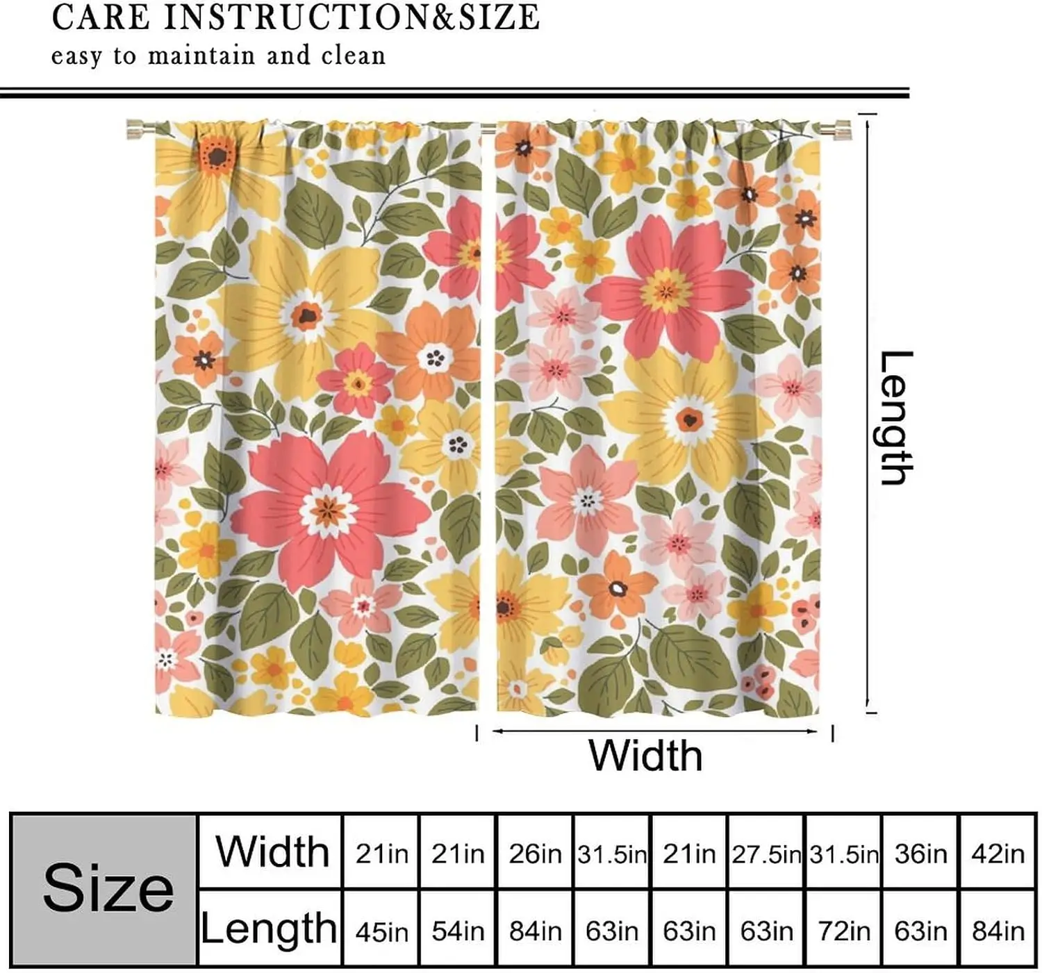 Boho Pastel Floral Curtains, Yellow Pink Orange Daisy Green Leaf Fresh Spring Flower White Background Print Drapes for Girls