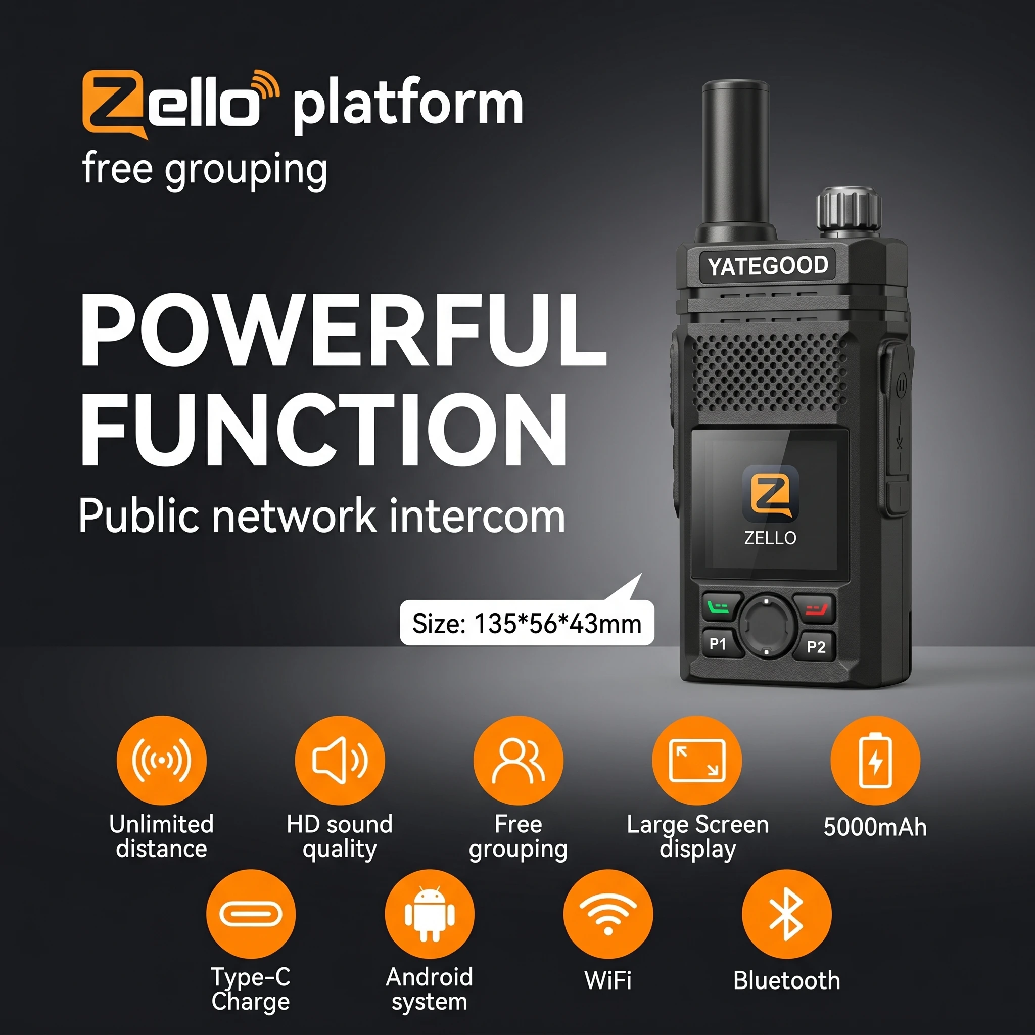 YATEGOOD G36 Zello Wireless Remote Control Walkie Talkie SIMcard 4G 3G Android Bluetooth Mobile Phone PTT Wifi GPS Global 8