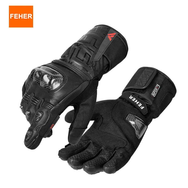 FEHER Winter Motorcycle Gloves Touchscreen Leather Keep Warm Waterproof Finger Joint Carbon Fiber Design Motorbike Riding Gloves