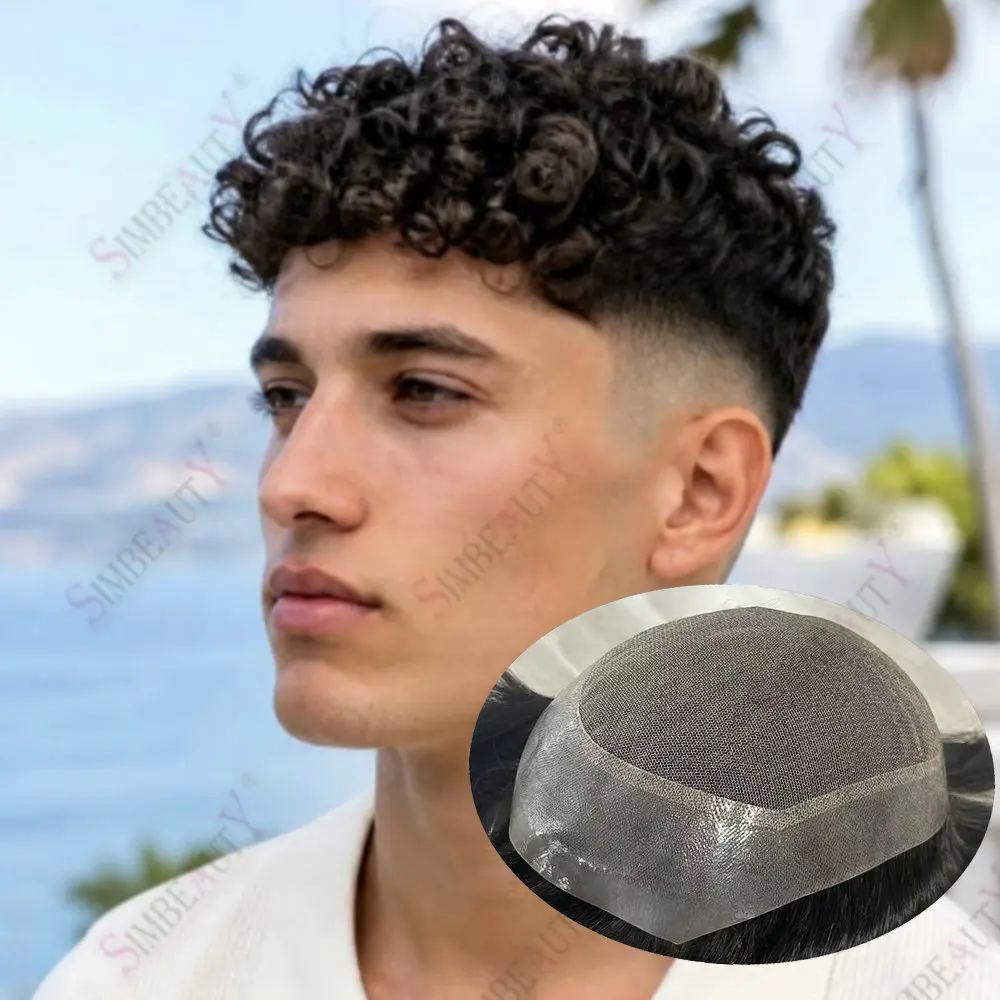 15mm/18mm/20mm Curly Undetectable Super Durable Lace&PU 100% Human Hair Men's Hair System Toupee for Bald Breathable Prosthesis